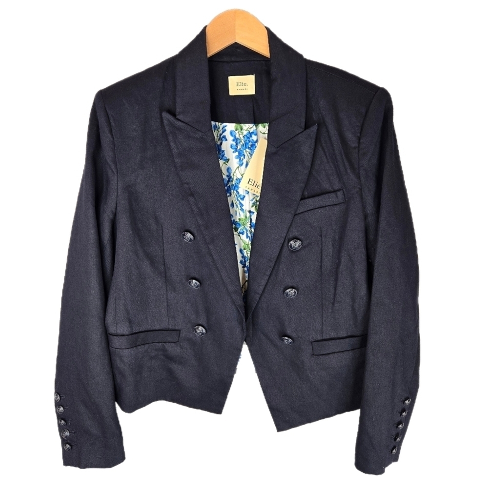 Elie Tahari Womens Linen Blend Crop Blazer Sz 8 Crest Buttons Open Front Lined - Picture 1 of 15